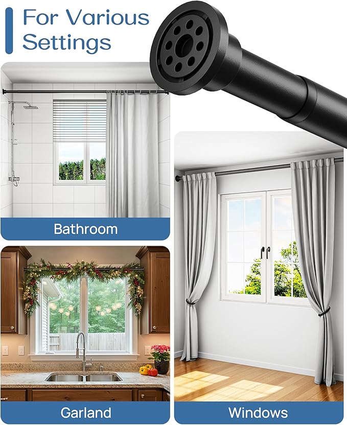 ALLZONE Adjustable Tension Curtain Rod, 42 to 78 Inches, Spring Loaded Curtain Rods No Drilling, Renter Friendly Tension Rod for Windows, Shower, Closet, No Drill, Non-Slip, Black