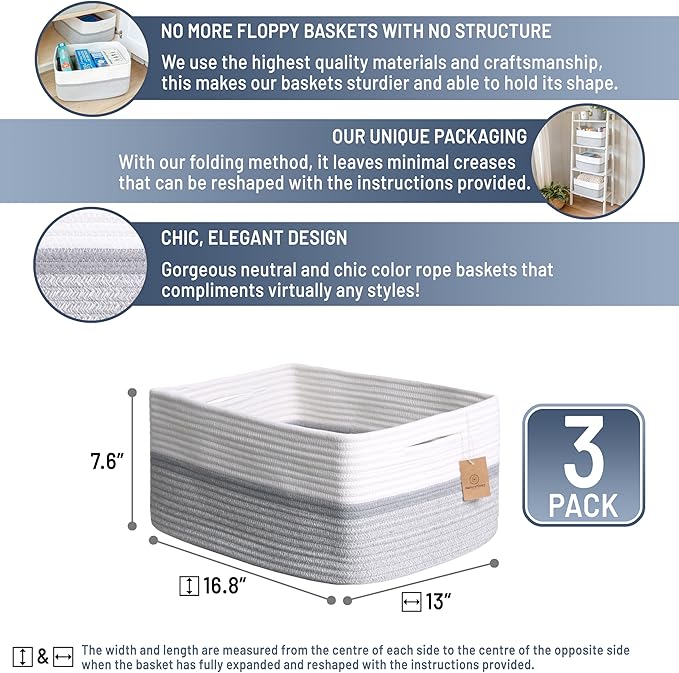 NaturalCozy Storage Baskets 16.8”x13”x7.6” Cotton Rope Woven Baskets for Organizing, 3-Pack | Toy Storage Bins | Basket for Shelves, Laundry, Blanket, Clothes, Closet, Kitchen, Bathroom, Gifts