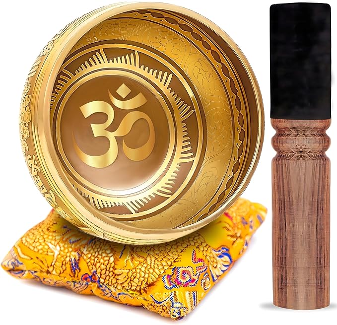 Tibetan Singing Bowl Set – Bronze Master Grade with Pure Tone & Thangka Art – Handmade in Nepal by Himalayan Bazaar (Gold & Yellow)