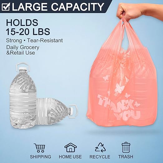 PINK Thank you bags, 50PCS T shirt bags, To Go Bags,Grocery bags, Reusable and Disposable,Perfect for Small Business,Take Out,Retails,11 inchx6 inchx21 inch(50),Large