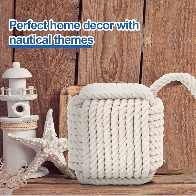 Marwood Rope Knot Door Stops Decorative Nautical Door Stopper Handmade with Handle, Weighted Interior Square Doorstop Sailor Knot for Door and Window - Beige (5"x5", 4.4lbs)