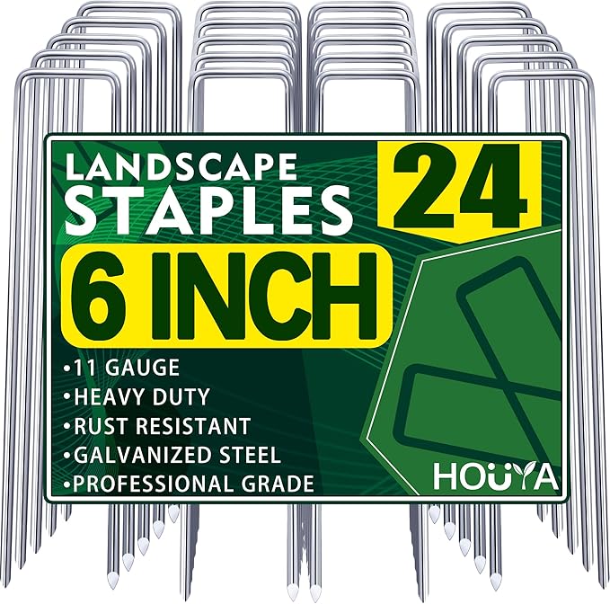 houya 24 PCS Landscape Staples 6 Inch Galvanized Garden Stakes Garden Staples Pins Anti-Rust Ground Stakes for Weed Barrier, Irrigation Hose, Yard Lawn SOD, Landscape Fabric, Decor 6" L x1.2 W 24 pcs
