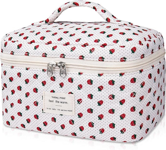 Gosect Large Makeup Bag, Cute Cosmetic Bag for Women Girls, Floral Coquette Aesthetic Toiletry Bag, Travel Make Up Organizer Bag (Strawberry)