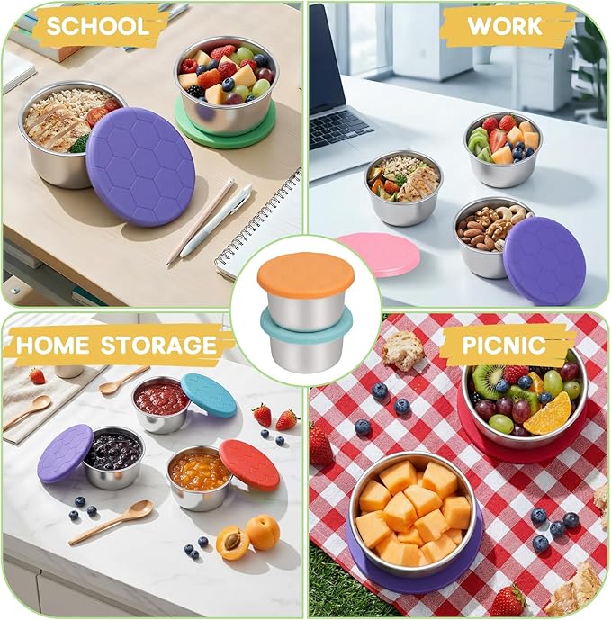6Pack 8oz Stainless Steel Snack Containers for Kids, Reusable Small Metal Food Containers with Silicone Lids, Stackable Metal Toddler Lunch Box for Daycare, School and Outdoor (1CUP)