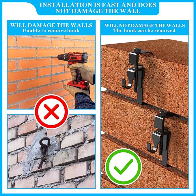 Stainless Steel Brick Wall Clips, Brick Hooks Clamp Outdoor Heavy Duty 1-3/4" to 2-1/2" Brick Hook Brick Hangers No Drill, 6 Packs