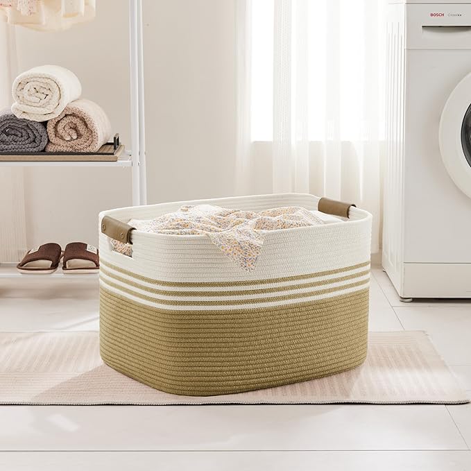 SunNewt 86L Extra Large Laundry Basket with Leather Handles for Living Room Storage, Woven Rope Baskets for Blanket, Kids Toy, Gifts, Wicker Hamper for Bedroom Dirty Clothes, 24"x16"x14" Khaki