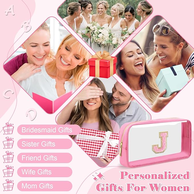 Personalized Initial Letter Clear Makeup Bag,Preppy Small Nylon&PVC Cosmetic Zipper Bag with Chenille Letter,Portable Beach Travel Skincare Toiletry Bag,Trendy Monogram Gift for Teen Girls Women,J