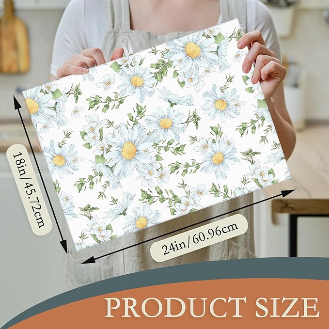 White Chamomile Flowers Dish Drying Rack Mats Decor, Dish Pad Drying Mat Kitchen Counter 18x24 Inch Absorbent Reversible Microfiber for Coffee Bar Sink Countertop