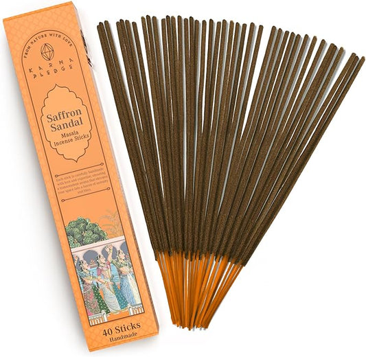 Incense Sticks, Saffron Sandal Incense, Made with Natural Ingredients, Hand Rolled Aromatic Masala, 40 Stick Pack, 45-60 Minute Burn Time, Best for Home Fragrance, Meditation, Yoga, Spiritual Healing