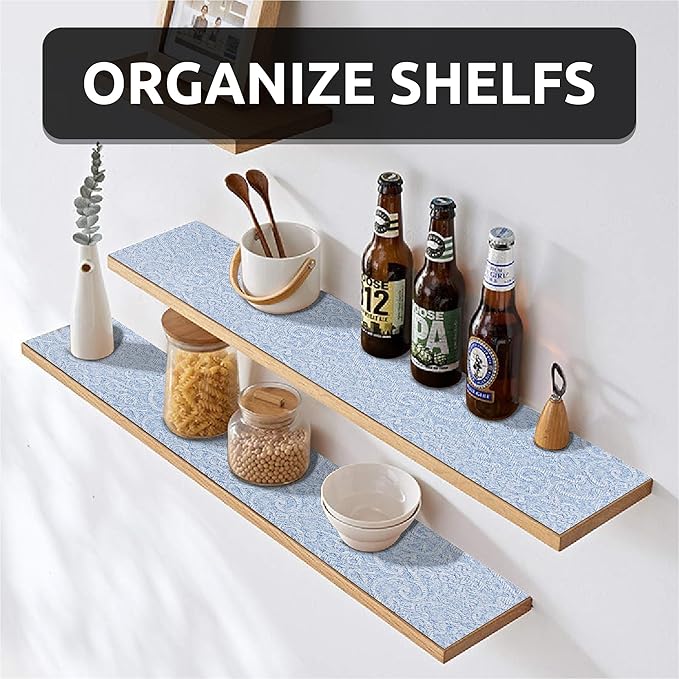 FIFTY FEET 12X240 Inch Shelf Liner with Scissor & Tape Measure for Kitchen Cabinets, PVC Drawer Liner for Dresser Non-Slip Bathroom, Non-Adhesive Cabinet Liner Washable (Pale Blue)