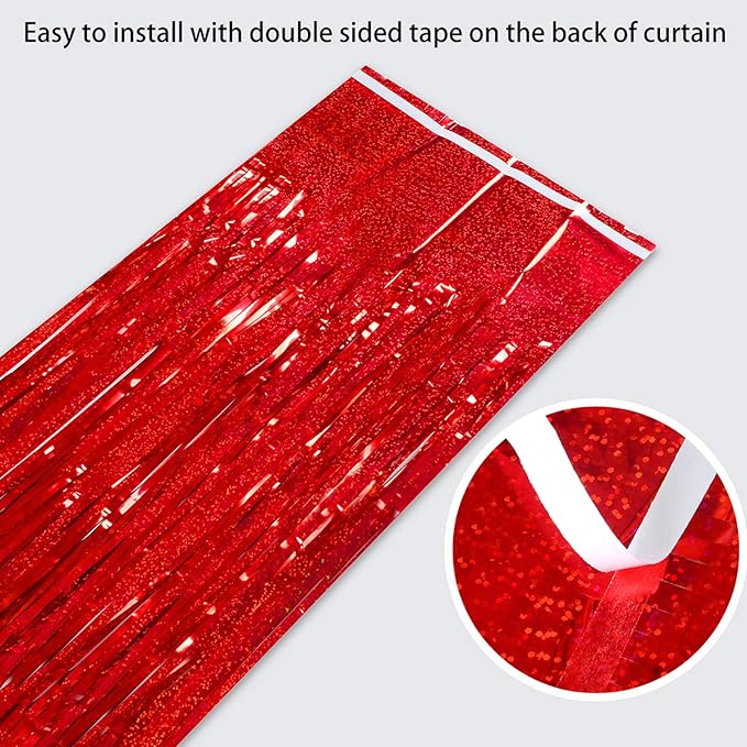 Red Foil Fringe Curtains Party Decorations – 3 Pack 3.2 x 8.2 ft Shiny Tinsel Backdrop for Valentine’s Day, Birthday & Photo Booth