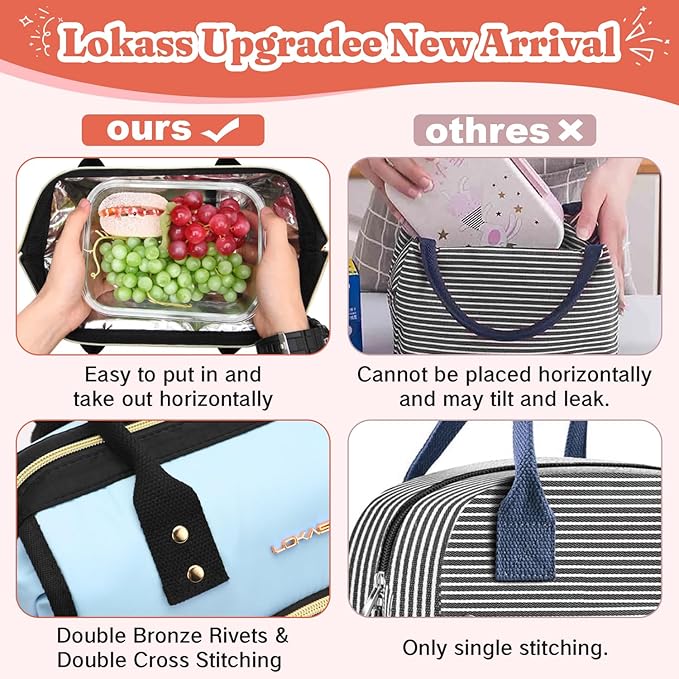 Lunch Bag for Women, Insulated Lunch Box, Wide-Open Lunch Tote Bag with Large Drinks Holder, Durable Nylon Thermal Snacks Organizer for Men, Adults, Work, Picnic, Hiking, Beach, Fishing (Pink + Black)