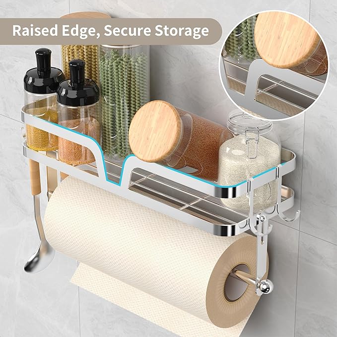 YIGII Garage Paper Towel Holder with Shelf, 2-in-1 Wall Mounted Shop Paper Towel Roll Holder, Stainless Steel Adhesive Spice Rack with 4 Hooks for Kitchen and Tool Room, Silver