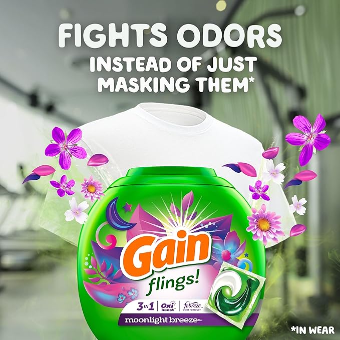 Gain Flings Laundry Detergent Pacs, 102 Count, Moonlight Breeze Scent, with Odor Defense, concentrated laundry soap pacs
