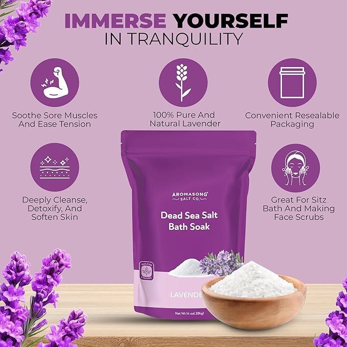 Aromasong Dead Sea Salt for Soaking with Natural Lavender Essential Oil – 14 Oz. Spa Bath Salt Fine Grain 7 Uses Per Pack - for Body Wash Scrub - Soak for Women & Men for Tired Muscles & Skin Issues