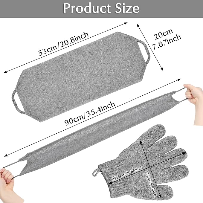 Anezus Exfoliating Back Scrubber Bath Gloves Set, Exfoliating Shower Towel with Shower Gloves for Body Scrub, Back Cleaner Wash Gloves to Remove Dead Skin (Grey)