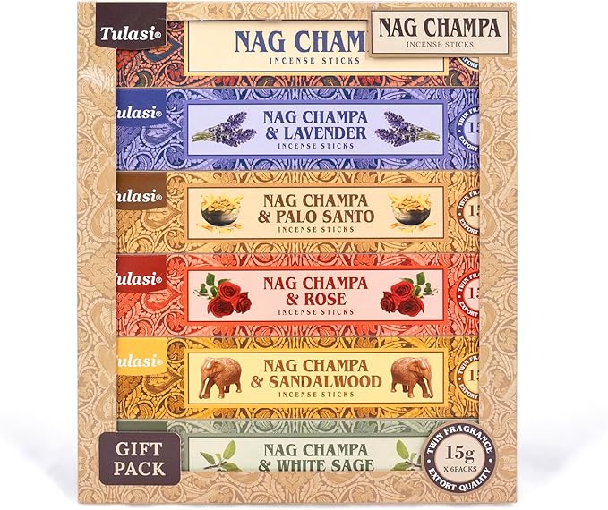 Tulasi Nag Champa Incense Sticks Gift Pack of 6, Hand Rolled Fragrance Incense Sticks for Aromatherapy, Relaxing, Yoga, Meditation, Prayer, Agarbatti Stick with Natural Oils, Thanks Giving (15gm x 6)