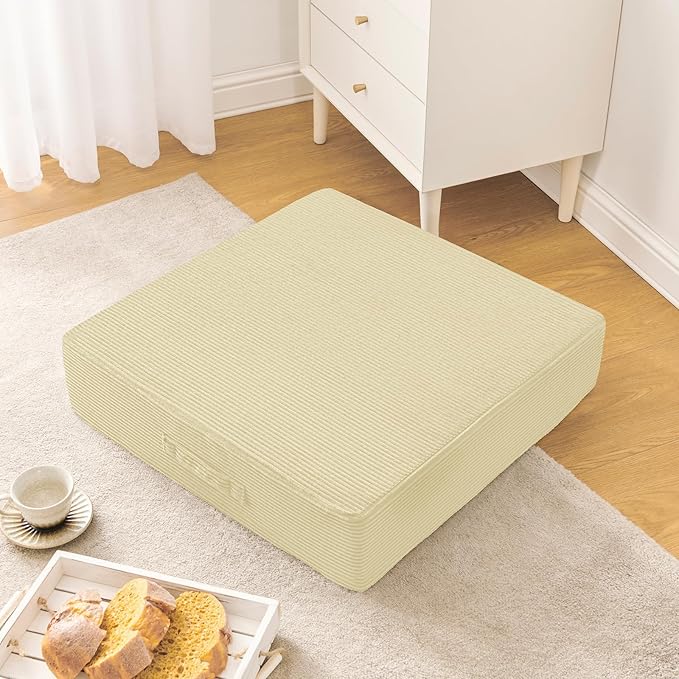 Wellsin Solid Square Floor Pillows for Adults Kids - Large Meditation Floor Pillow Seating Cushion with Thick Foam & Washable Velvet Cover, 2 Pack, 22x22x5 Inch, Beige