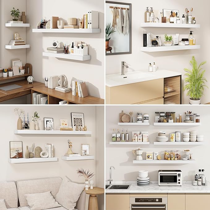 fuqing Floating Shelves for Wall, Wall Mounted Wood Floating Shelf with Invisible Brackets for Living Room, Bathroom, Bedroom, Kitchen Storage and Decor, 40 Inch Set of 2, White