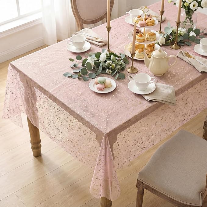 Horaldaily Pink Gold Gauze Tablecloth 60x140 Inch Rectangular, Golden Sequin Glitter Metallic Foil, Sheer Tulle Cheesecloth for Wedding Baby Shower Ceremony Birthday