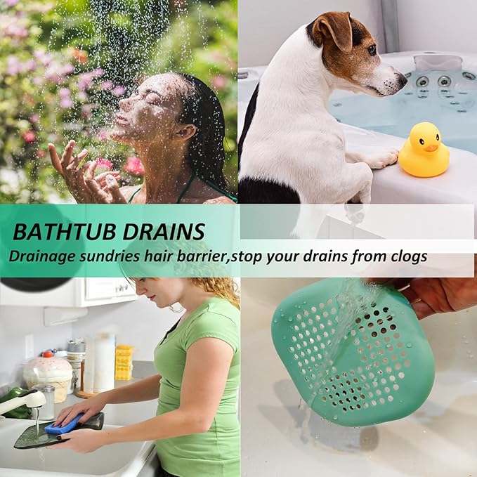 Hair Drain Catcher, Square Drain Cover for Shower, Silicone Hair Stopper with Suction Cup, Easy to Install, Suitable for Bathroom, Bathtub, Kitchen, 2 Pack (Green)