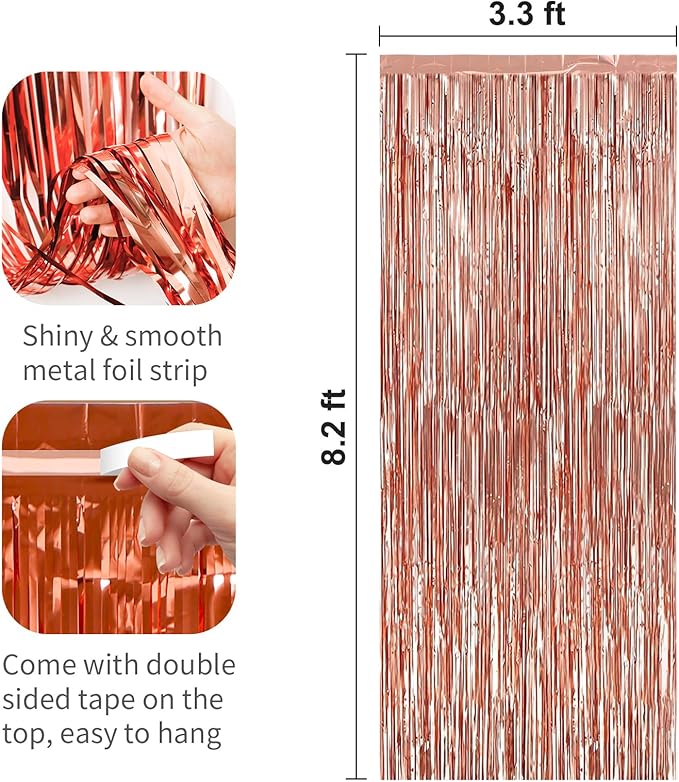 3 Pack Rose Gold Foil Fringe Curtains Streamers Party Decorations 3.3 x 8.2 ft, Tinsel Curtain Fringe Backdrop for Parties, Door Fringe Birthday Streamers, Photo Booth Backdrops, Party Decor