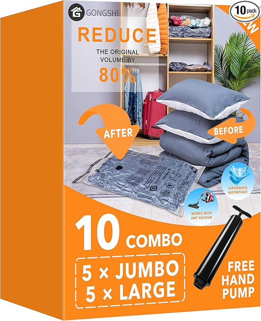 Vacuum Storage Bags (5 x Jumbo, 5 x Large), Space Saver Sealer Compression Bags with Travel Hand Pump for Blankets, Comforters, Pillows, Clothes Storage