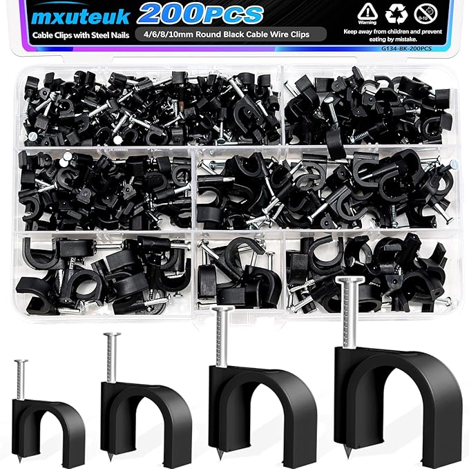 mxuteuk 200PCS Cable Clips with Steel Nails,4/6/8/10mm Round Black Cable Wire Clips,Wall Clips for Cords,Cable Cord Clips for RG6 RG59 CAT6 RJ45