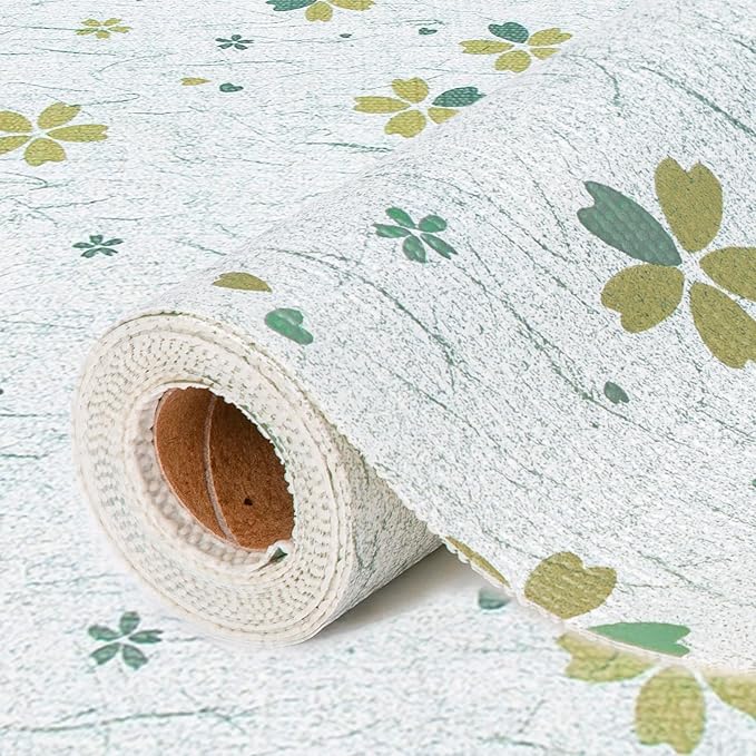 FIFTY FEET 12"x120" Non-Adhesive Shelf Liner for Kitchen Cabinets and Drawers, Washable Non-Slip PVC Cabinet Liner (Green Floral)(10 Roll)