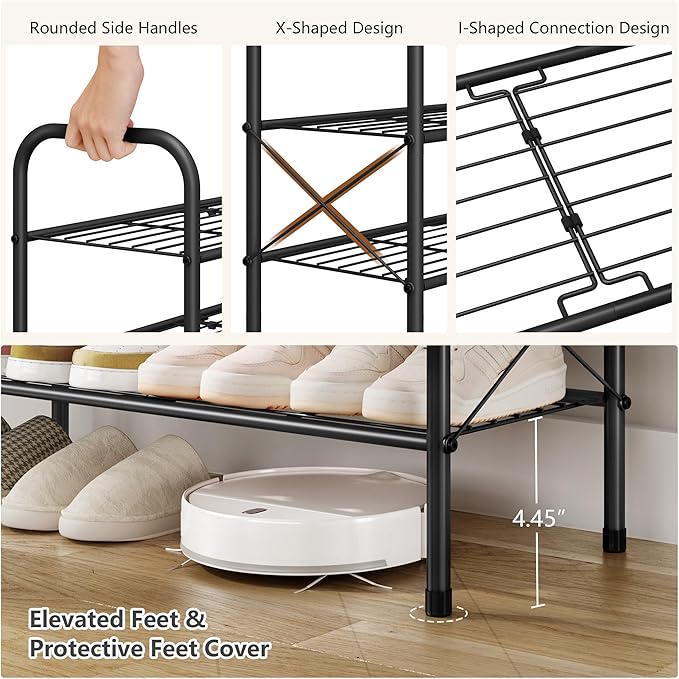 Hoctieon 4 Tier Mesh Style Shoe Rack, Entryway Shoe Shelf, Shoe Storage Organizer, Shoe Rack for Closet, Space Saver for Bathroom, Garage, Hallway, Bedroom, Living Room, Black