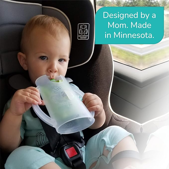Flipping Holder Squeeze Proof Food Pouch Holder for Toddlers, Babies, Kids, Mess Free No Squeeze Juice Box Drink Holder with Easy Grip Handles and Lid - Made in USA (Blue 3 Pack)