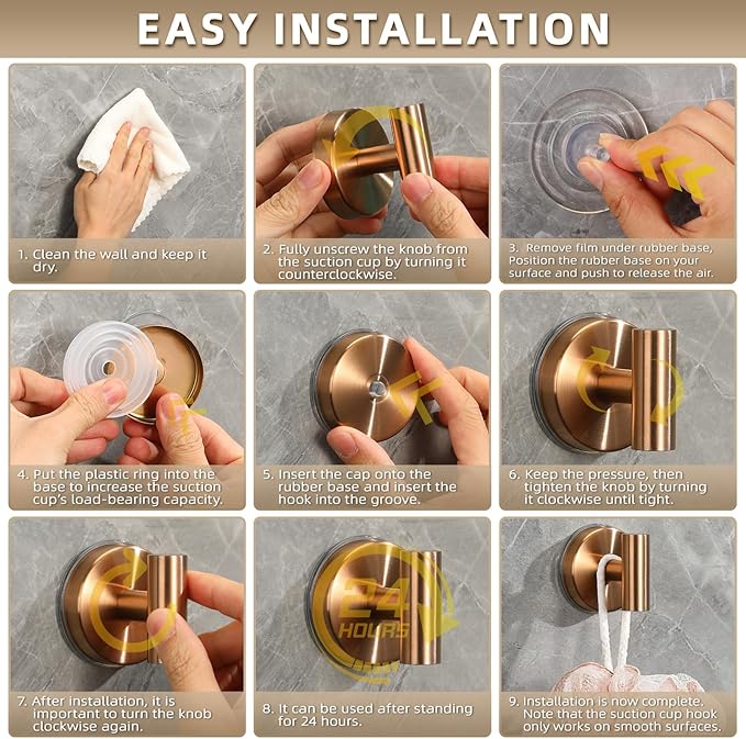 Suction Cup Hooks for Shower - Bathroom Reusable Hooks for Towels, Robes & Loofah - No-Drill Mounting on Kitchen, Walls, Metal, Glass, Mirrors, Tile & Smooth Non-Porous Surfaces (2, Champagne Bronze)
