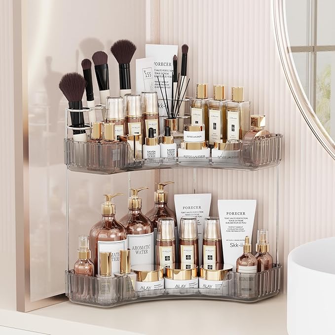 2-Tier Corner Bathroom Counter Organizer with Top Toothbrush Holders, Large Makeup Organizer Countertop with Brush Holder, Skincare Organizers Corner, Exquisite Vanity Organizer (Gray, 2 Tier)