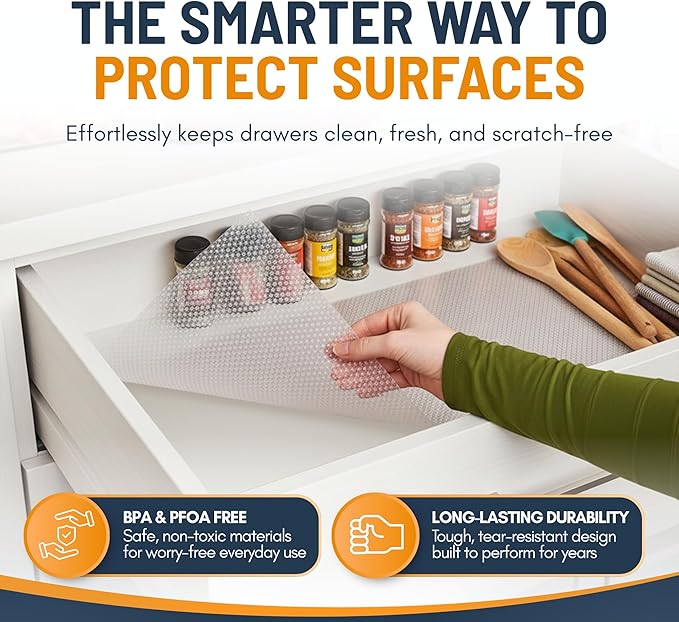 Shelf Liner Drawer Liner for Kitchen Cabinets Non-Adhesive by Linda’s Essentials (12 x 240 Inches) - Non-Slip Easy Clean Kitchen Cabinet and Cupboard Protector, Waterproof Mat, Clear Roll