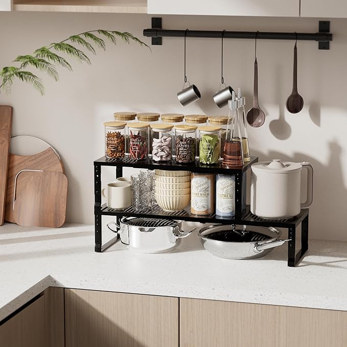 Zilvando Expandable Spice Rack & Kitchen Cabinet Organizer - Stackable, Adjustable Shelves for Cabinets, Countertops, Cupboards & Pantries(3 Packs/Medium/Black)
