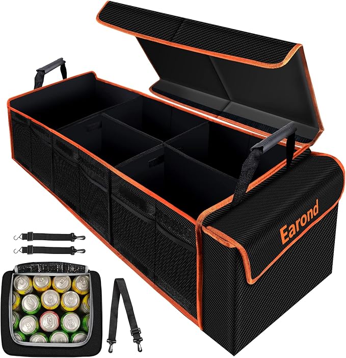 EAROND Large Trunk Organizer with Cooler, 3 Compartments SUV Cargo Organizer, Portable Trunk Organizer for suv,car,truck,rv,jeep(black)