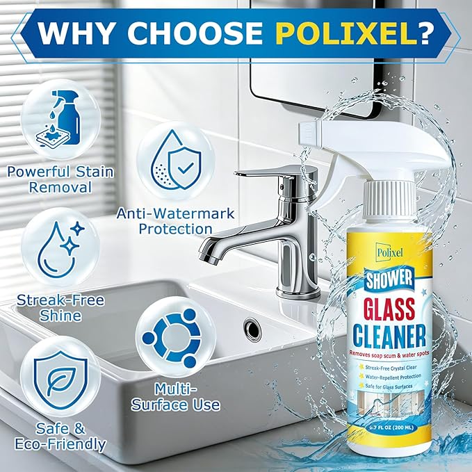 Shower Glass Cleaner – Hard Water Stain Remover & Soap Scum Remover for Shower Doors – Streak-Free Glass Cleaner Spray – For Bathroom Mirrors, Tiles & Glass – 6.8OZ