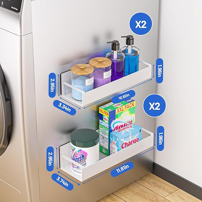 4 Pack Magnetic Laundry Organizer, Heavy Duty Magnetic Shelf For Washer And Dryer, White, Iron