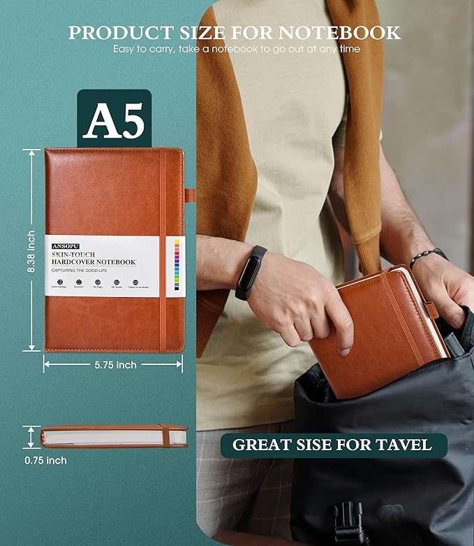 Lined Journal Notebook for Writing, A5 100 GSM Thick Paper, Leather Hardcover Journal for Woman Men, Travel Journal Diary 160 Pages(5.75'' X 8.38''Brown)