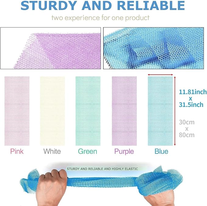 UJFQBH 5 Pieces African Bath Sponge African Net Long Net Bath Sponge Exfoliating Shower Body Scrubber Back Scrubber Skin Smoother,Great for Daily Use (Purple, Pink, Green, Blue, White)