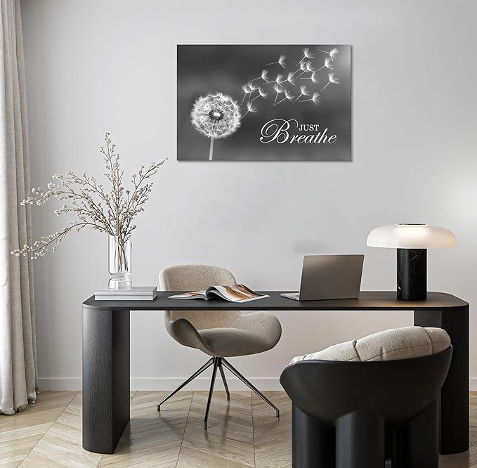 SKASNFAI Black and White Dandelion Zen Wall Art Canvas Just Breathe Motivation Positive Picture Art Print for Spa Yoga Meditation Wall Decor Ready to Hang (16L x 24W)
