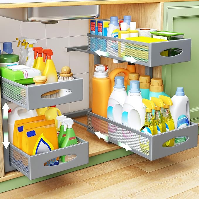 2 Pack Under Sink Organizer, 2 Tier Pull-Out Cabinet Organizer Mesh Baskets with 5 Adjustable Heights, Sliding Drawers Storage Shelf for Home, Kitchen, Bathroom, Pantry, Office, Countertop, Grey