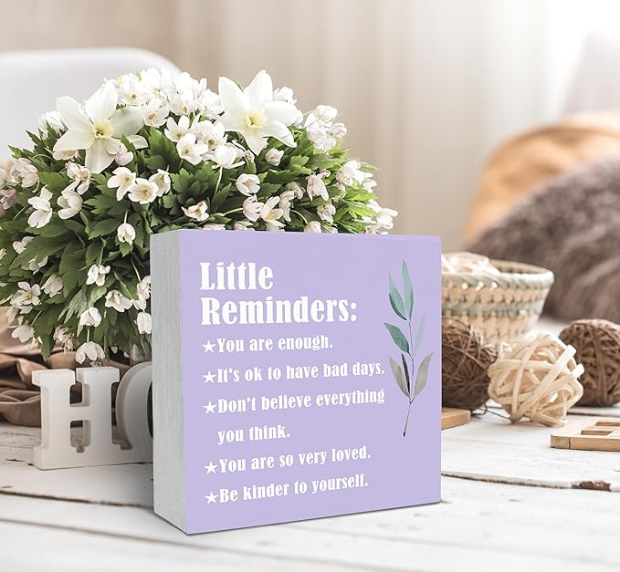 SRADMO Inspirational Little Reminders Wood Box Sign Desk Decor, Inspirational Desk Decor, College Motivational Positive Affirmation Gifts Box Sign For Office Home Dorm Tabletop Decoration(Purple)