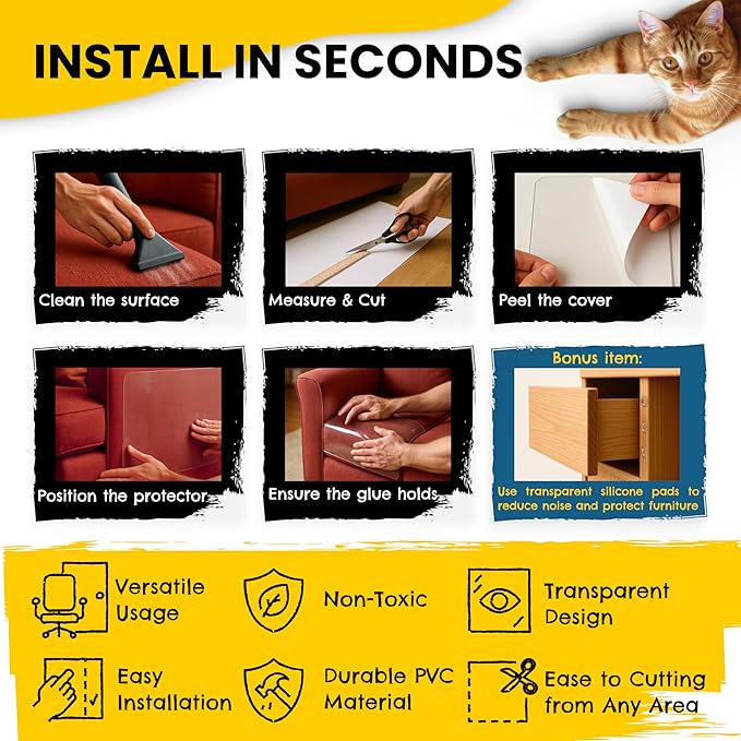 TREDO Cat Scratch Furniture Protector 14 Pack - Anti Scratch Couch Protectors for Cats - Transparent Guard for Sofas Chairs - Includes 50 Bumper Pads - No Pins Needed