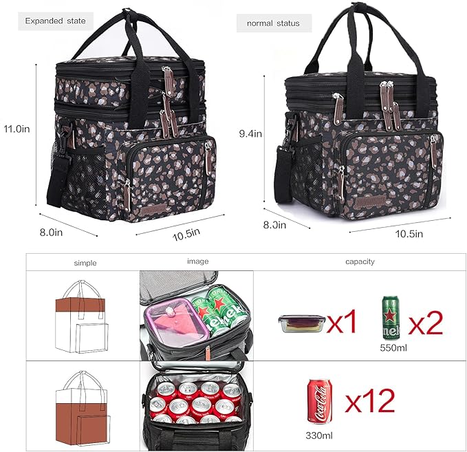MOV COMPRA Leopard Lunch Bags for Women, Expandable Large Lunch Box, Leakproof Double Deck Lunch Box Cooler Tote Bag with Removable Shoulder Strap (Leopard Print)