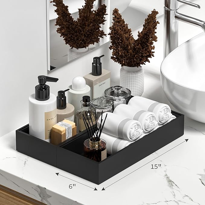 Greatseas Kitchen Drawer Organizer Bins, Stackable Bamboo Drawer Organizer for Silverware, 2 Pcs Toilet Paper Basket Holder, Wood Bathroom Tray Countertop, Toilet Tank Tray Black 15" x 6" x 2.5"