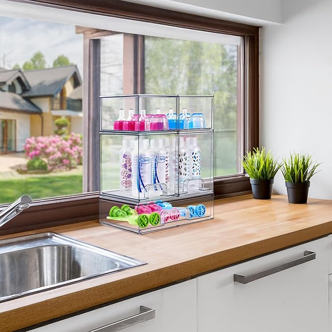 Sorbus Stackable Acrylic Storage Drawers – 4 Small + 2 Wide – 6 Pack Clear Plastic Organizer Bins for Baby Bottles, Makeup, Bathroom & Vanity, Pull-Out Drawer Design for Kitchen Cabinets