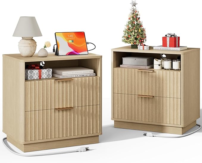 Large Fluted Nightstand Set of 2 with Charging Station, 23" Modern Farmhouse Night Stand, 2 Drawers End Table with Storage, Bedside Table for Bedroom Sofa Home Office, Natural Oak