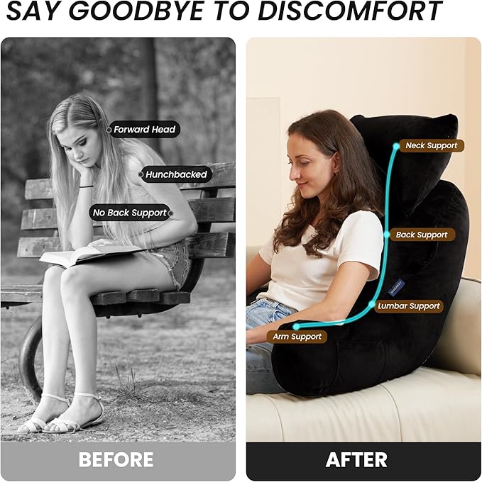 Portable Reading Pillows with Headrest for Bed Sitting Up(Black Oeko-Tex), Velvet Back Pillow with Arms & Pockets for Adults, Support Memory Foam Bed Pillow for Dorm/Reading/Watching/Gaming