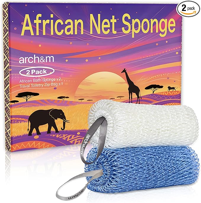 African Net Sponge Afro Scrub - Authentic African Wash Cloths Exfoliating Body Sponges for Showering Back Scrubber Exfoliator Shower Loofah for Body Care Bath Accessories Off White + Sky Blue ARCH&M